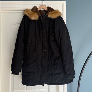 Women's Black Parka with Faux Fur Trim